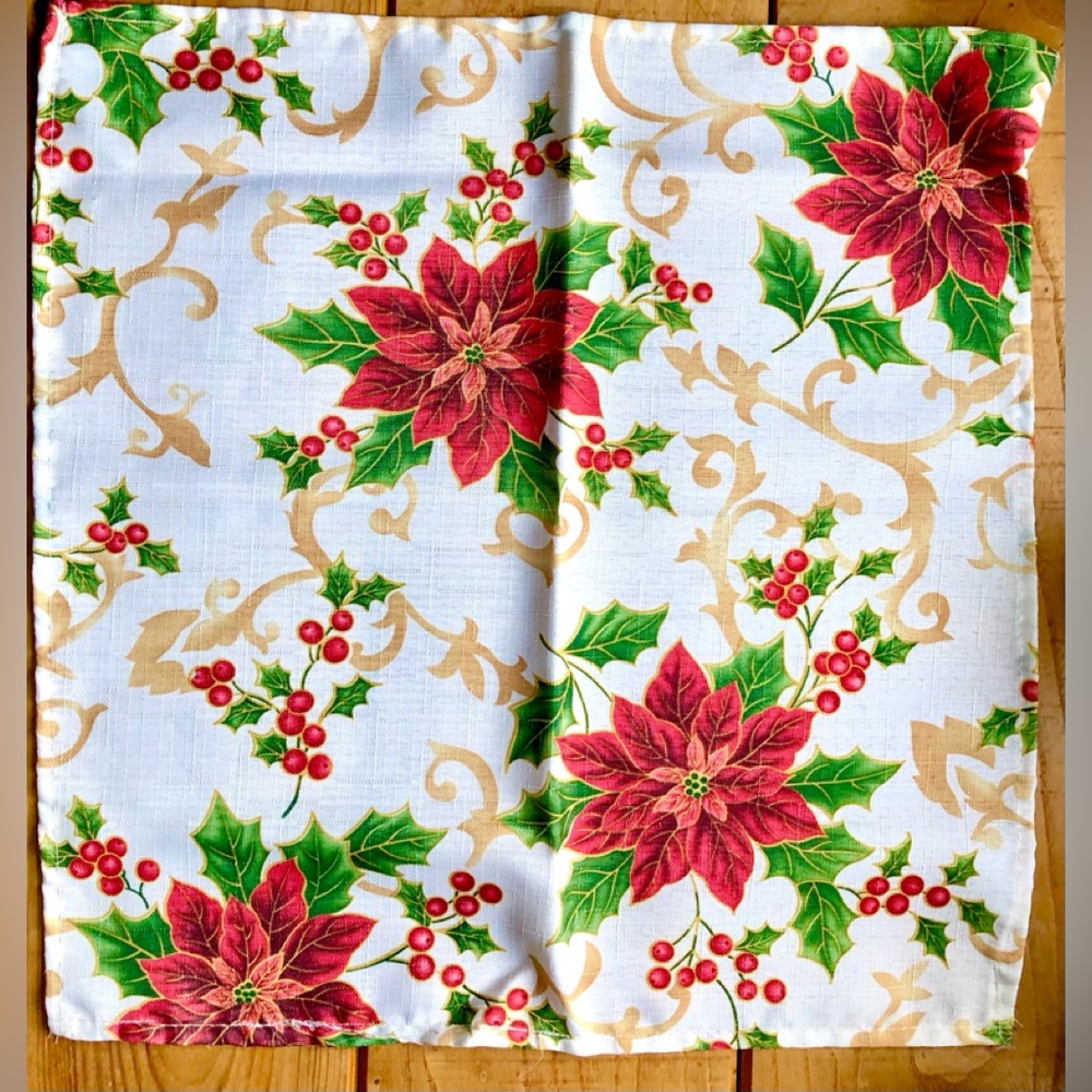 Christmas Poinsettia Flower Holly Red Green Gold White Cloth Napkin Bundle of 3